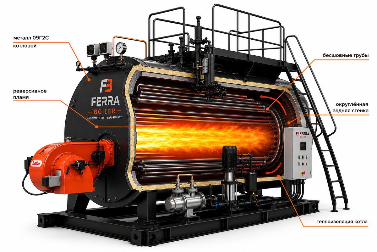 Котёл Ferra Boiler в разрезе: сталь 09Г2С, реверсивное пламя, бесшовные трубы, теплоизоляция