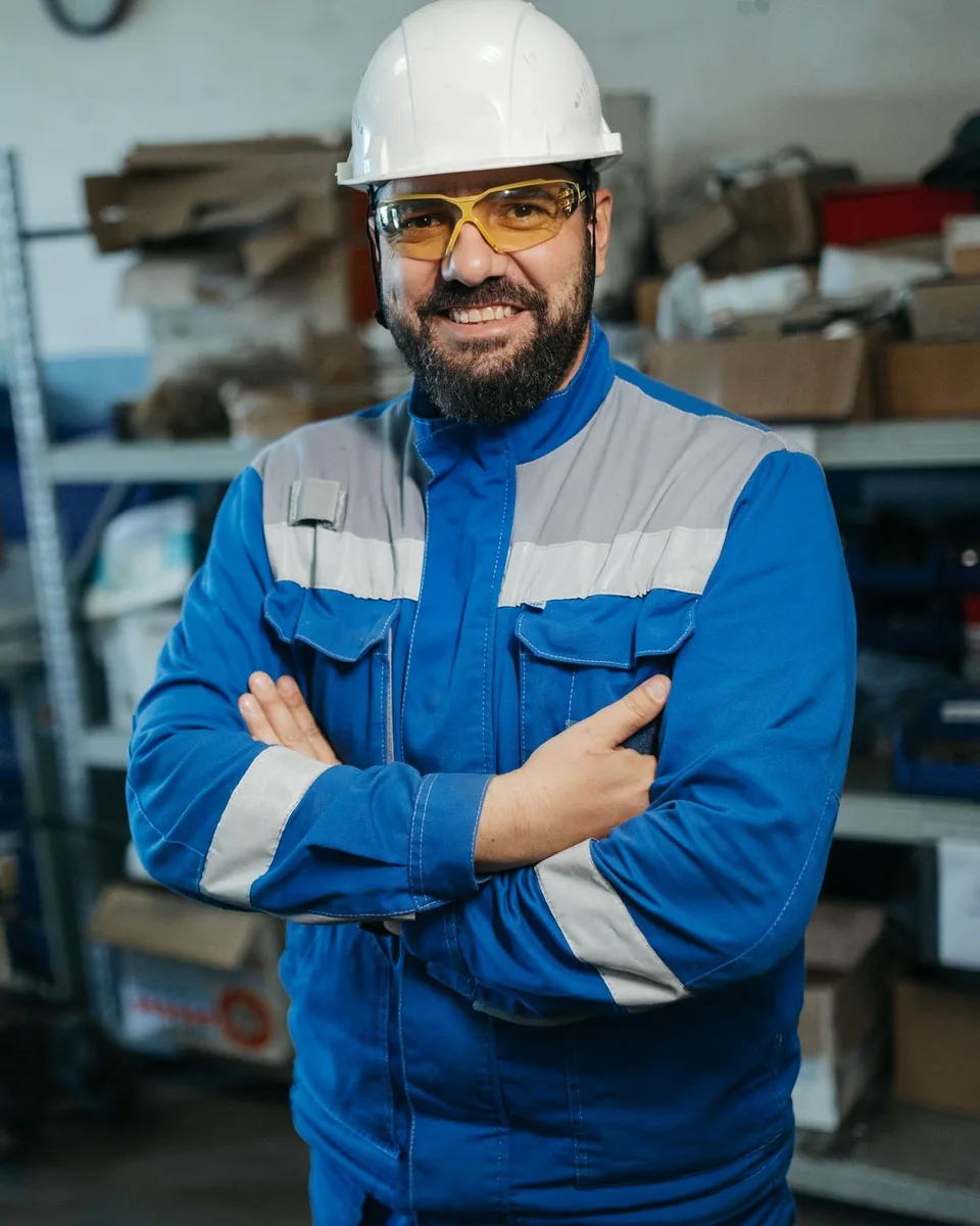 Инженер Ferra Boiler в каске и спецовке в цеху