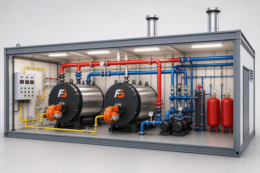 Блочно-модульная котельная Ferra Boiler в разрезе: котлы, горелки, трубопроводы